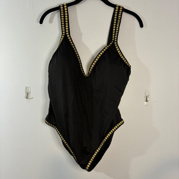 Gibson Latimer Black‎ One Piece Swimsuit Gold Trim V Neck Size L - Picture 1 of 4
